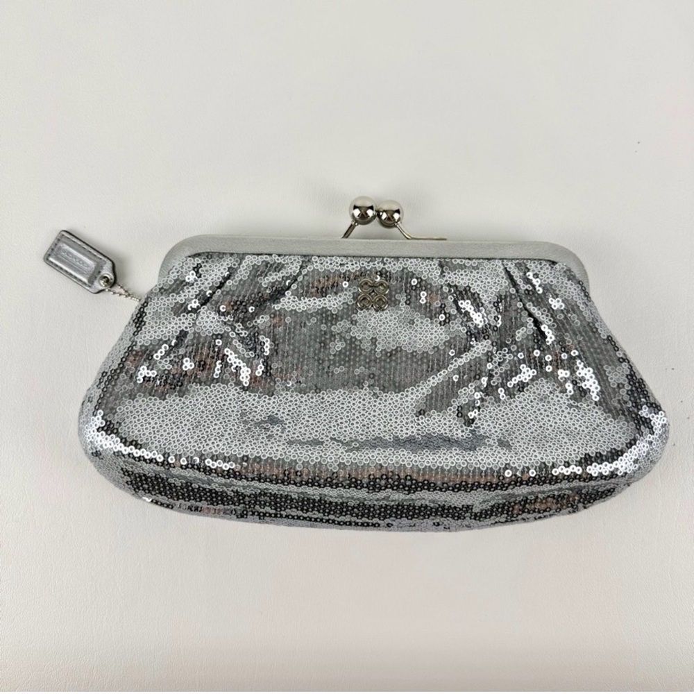 Coach Julia Limited Edition Silver Sequin Kisslock Clutch Wristlet
